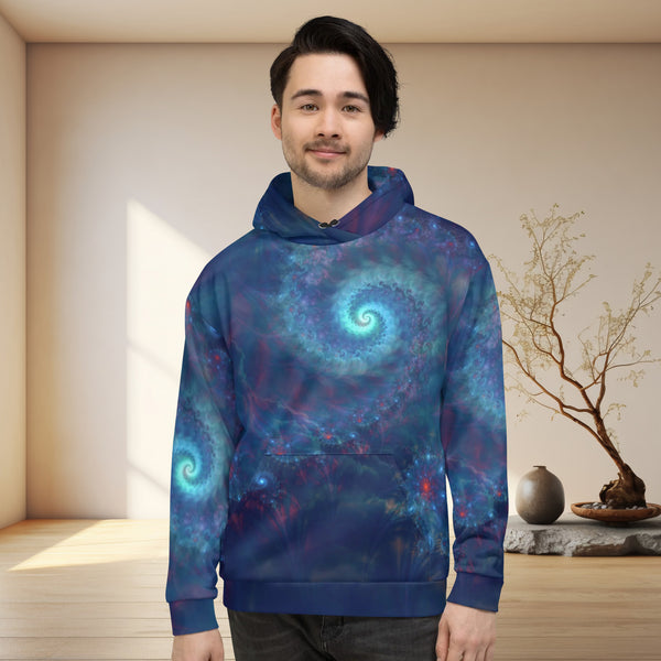 man wears a blue galaxy hoodie