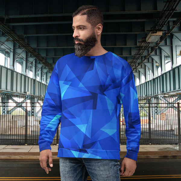 man wears a blue sweatshirt with triangles fragments, front side