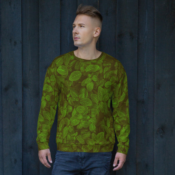 man wears a green sweatshirt with leafs design, front side