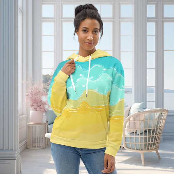 woman wears a yellow and light blue hoodie front side