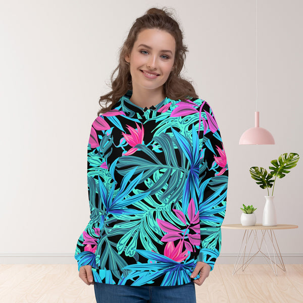 woman wears a hoodie with blue and pink flowers front side