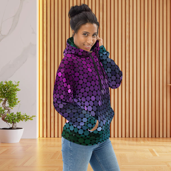 Woman wears purple hoodie with hexagons, right side