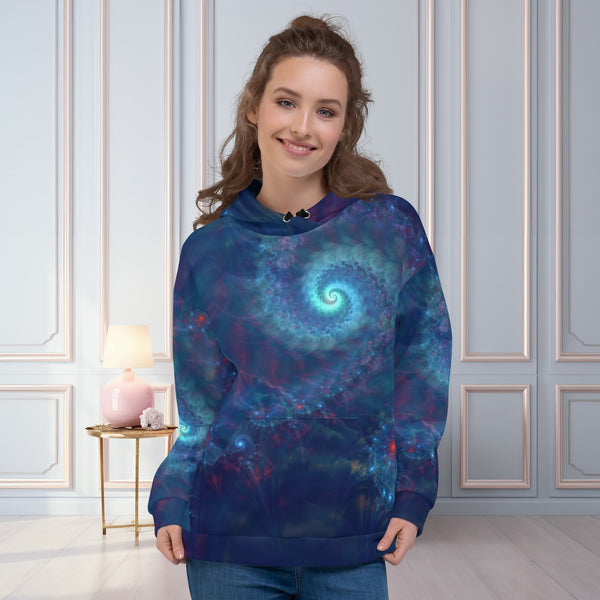 woman wears a blue cosmic hoodie with galaxies front side