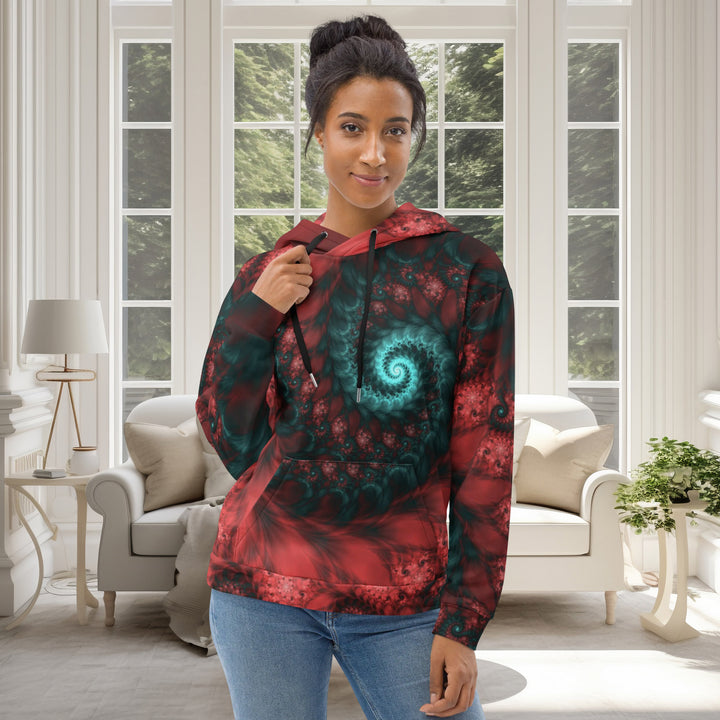 Women wears red cosmic hoodie with spiral