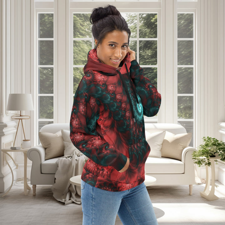 Women wears red cosmic hoodie with spiral right side