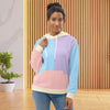 women wearing a soft pink, blue, violet and sand colors hoodie, colorful hoodie, front side