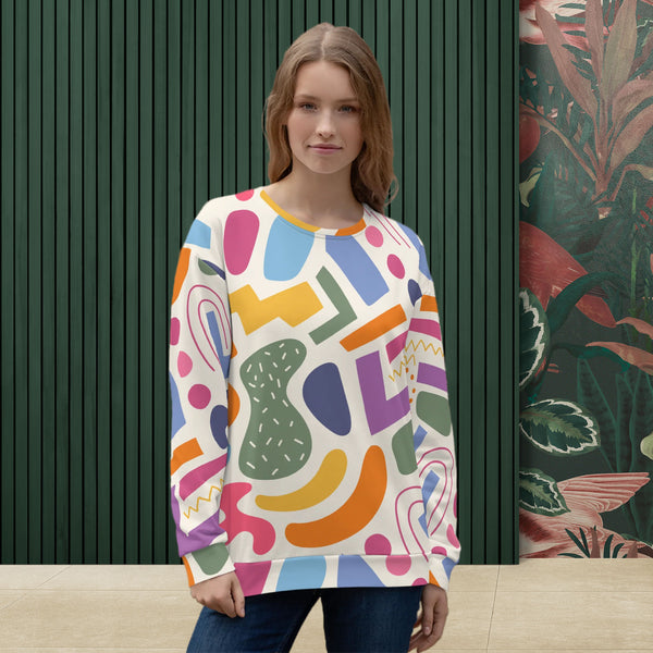 women wears a colorful sweatshirt with shapes, front side