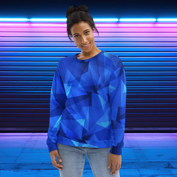 woman wears a blue sweatshirt with triangles fragments, front side