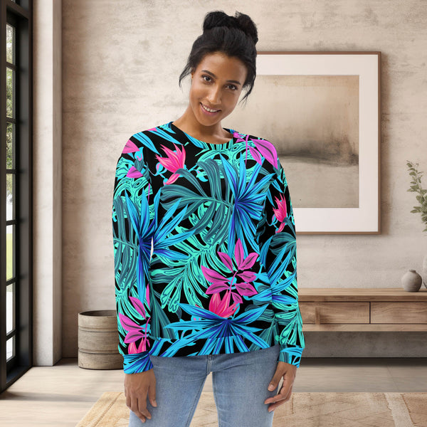 woman wears a tropical flowers sweatshirt, front side