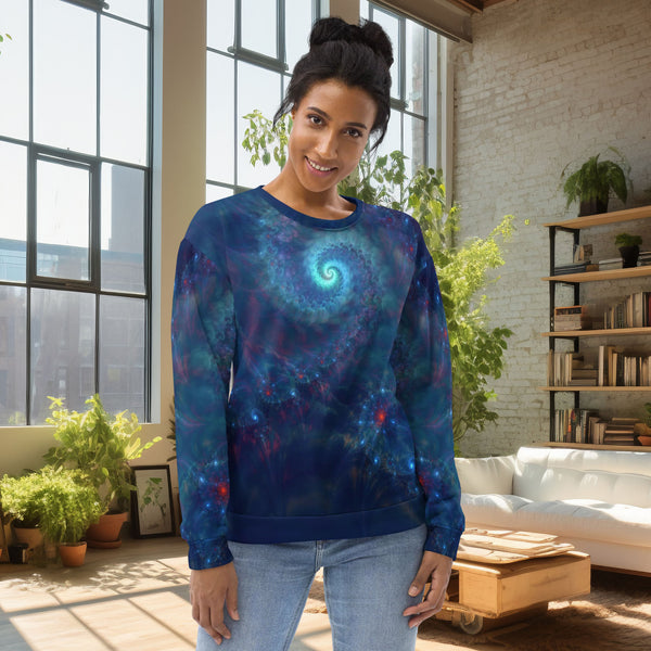 woman wears a blue cosmic sweatshirt with a galaxy, front side