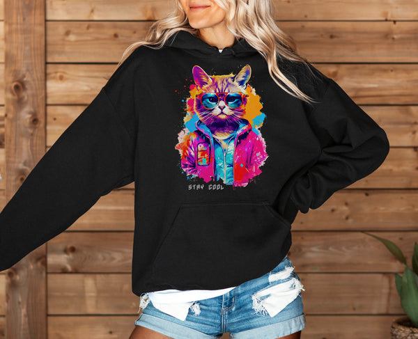 woman wearing a black hoodie with cool colorful cat with sun glases